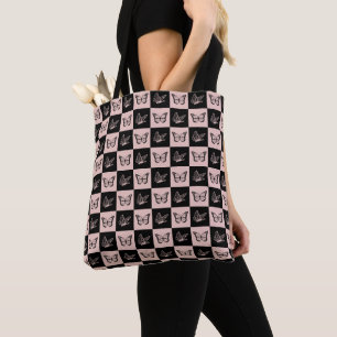 Bolsa Tote Padrão de borboleta preta e rosa verificado