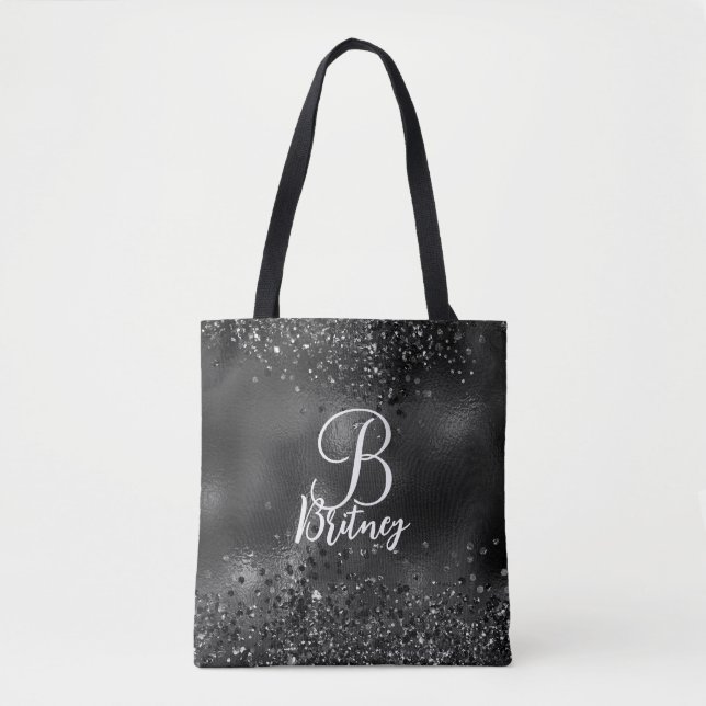 Bolsa Tote Padrão de brilho preto de luxo monograma (Frente)