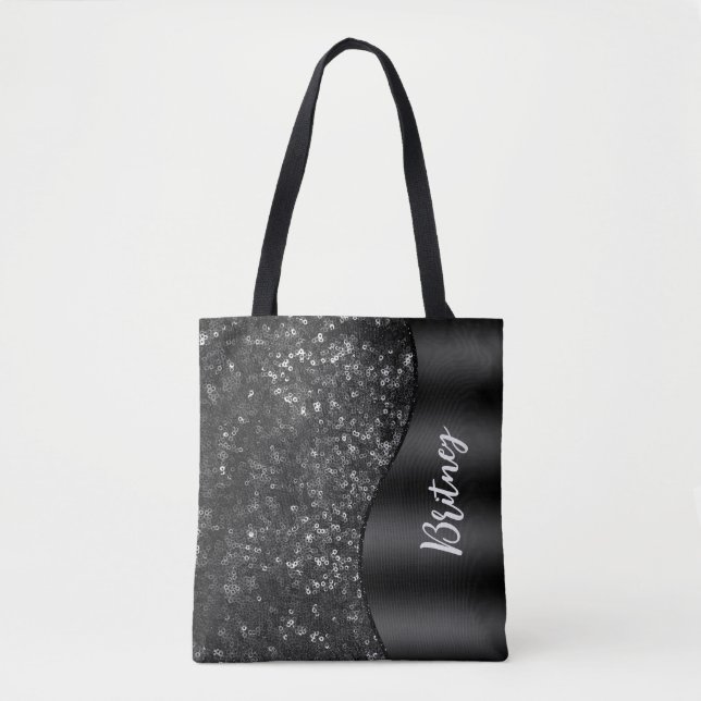 Bolsa Tote Padrão de brilho preto de luxo monograma (Frente)
