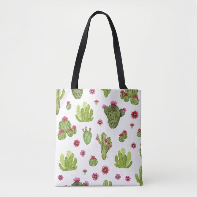 Bolsa Tote Padrão de Cacto Verde Pintado à Mão (Frente)