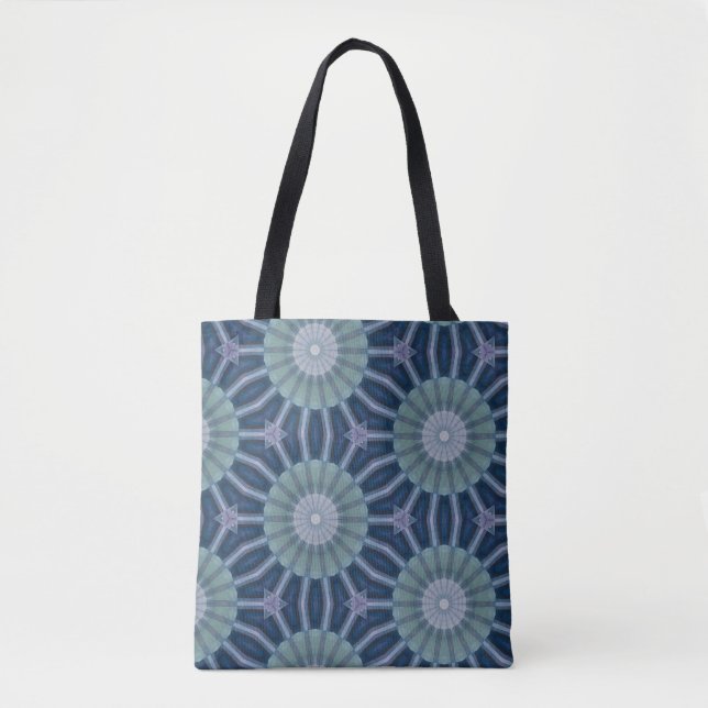 Bolsa Tote Padrão de Caleidoscópio Geométrico Azul e Verde (Frente)