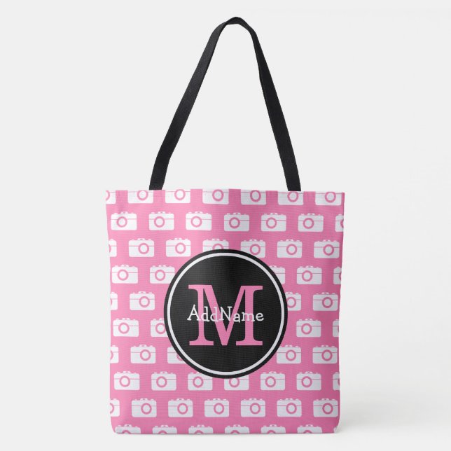 Bolsa Tote Padrão de câmera rosa monograma com nome personali (Frente)