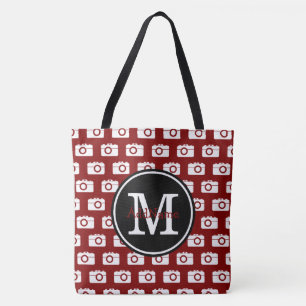 Bolsa Tote Padrão de Câmera Vermelha do Monograma e Nome Pe