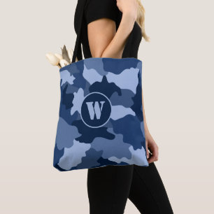 Bolsa Tote Padrão de Camuflagem Azul Monograma Inicial