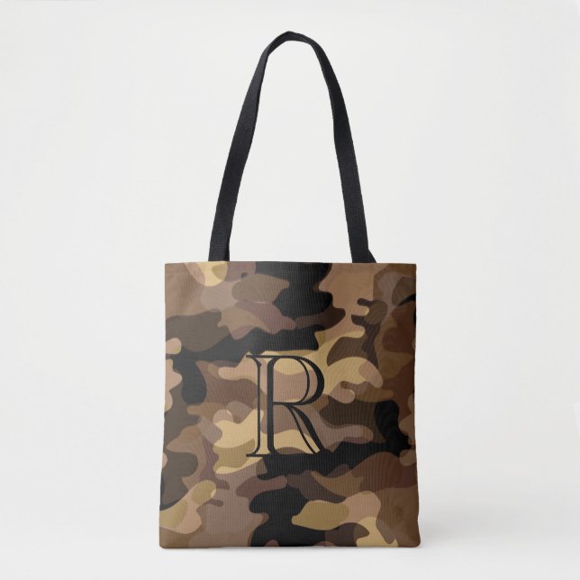 Bolsa Tote Padrão de Camuflagem de Tom Castanho com Monograma (Frente)