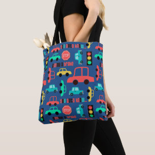 Bolsa Tote Padrão de Carros de Tráfego no Azul