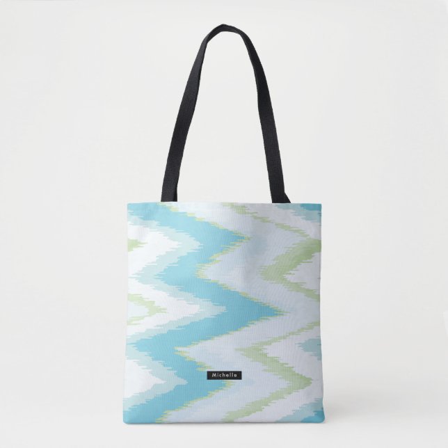 Bolsa Tote Padrão de Chevron Aqua Ikat Personalizado Bridesma (Frente)