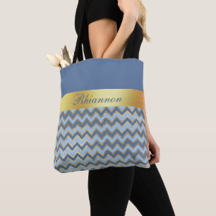 Bolsa Tote Padrão De Chevron Azul E Dourado - Personalizado