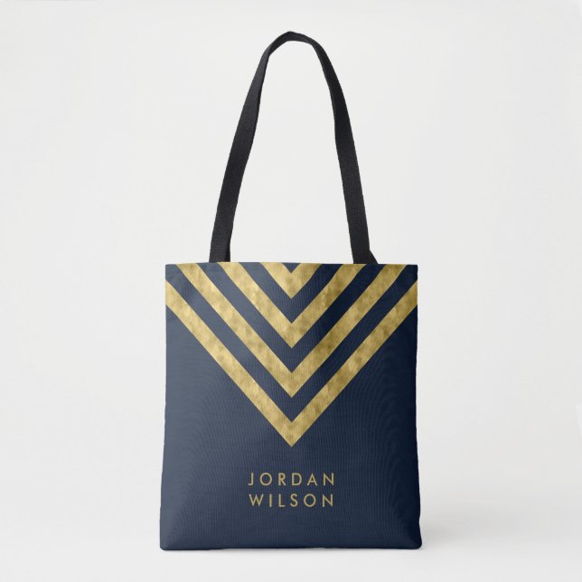 Bolsa Tote Padrão de Chevron do Nome Dourado Faux Azul Elegan (Frente)