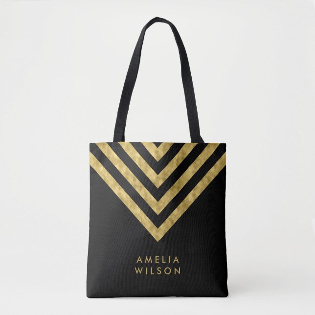 Bolsa Tote Padrão de Chevron do Nome Dourado Preto Elegante (Frente)