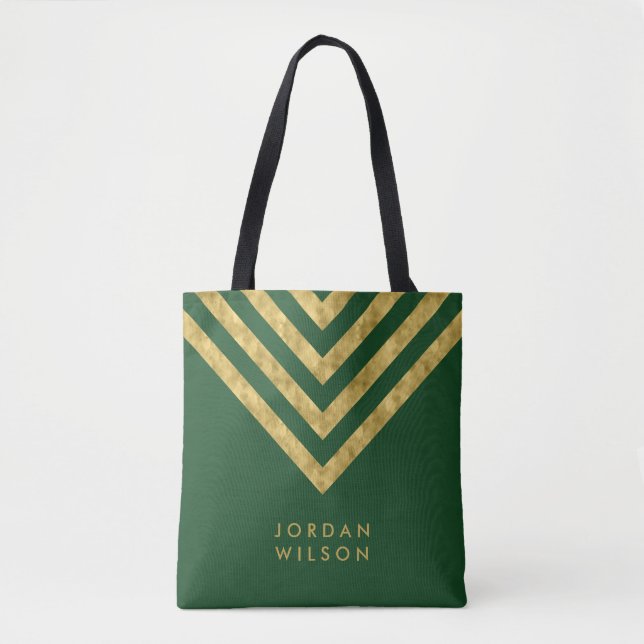 Bolsa Tote Padrão de Chevron, um nome Dourado verde legante (Frente)