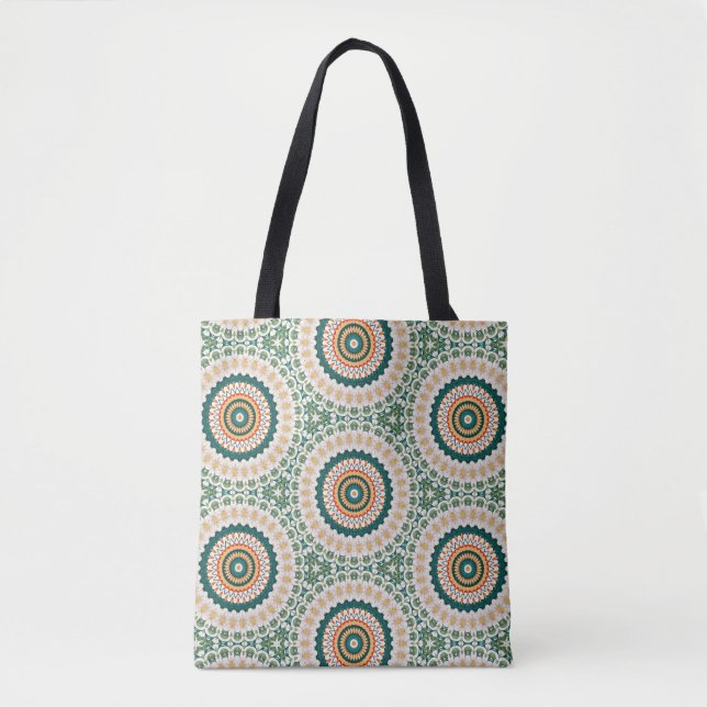Bolsa Tote Padrão de Círculo Boho Chic Verde Laranja e Azul (Frente)