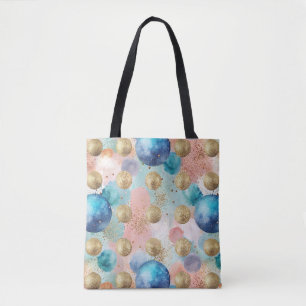 Bolsa Tote Padrão de Círculo Dourado e Azul com Acentos de Gl