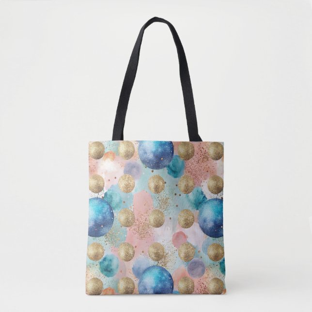 Bolsa Tote Padrão de Círculo Dourado e Azul com Acentos de Gl (Frente)