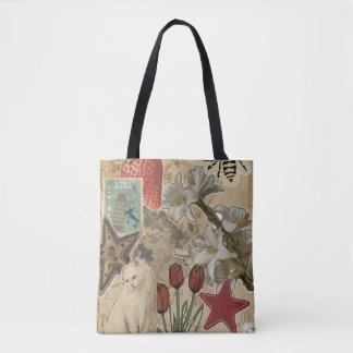 Bolsa Tote Padrão de Colagem Floral de Gato – Design Artístic