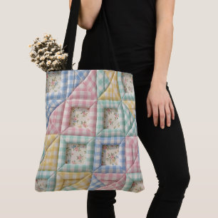 Bolsa Tote Padrão de Colcha de Retalhos Xadrez Gingham