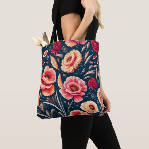Bolsa Tote Padrão de cor-de-rosa, laranja e flor vermelha