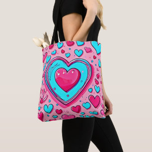 Bolsa Tote Padrão de Coração Azul Rosa