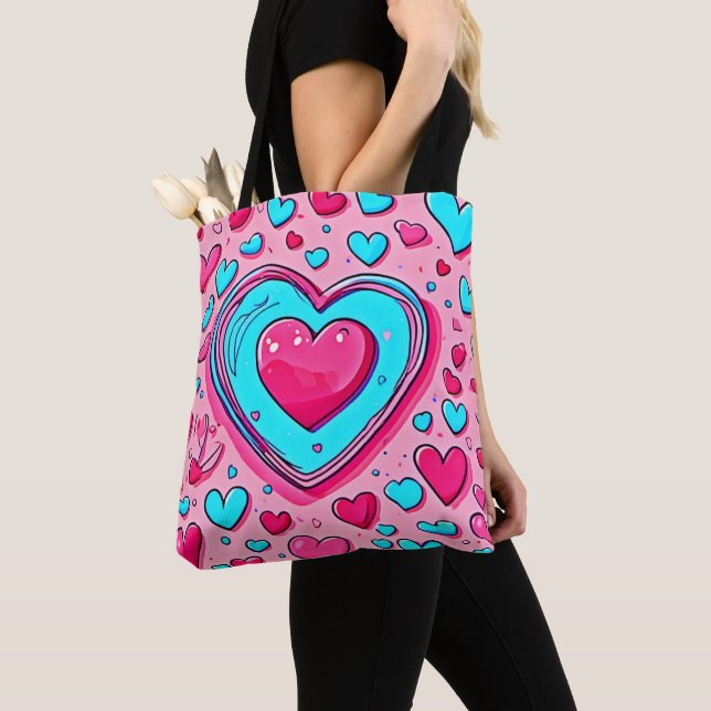 Bolsa Tote Padrão de Coração Azul Rosa (Close Up)