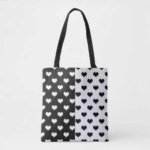 Bolsa Tote Padrão de Coração de Amor Branco Negro