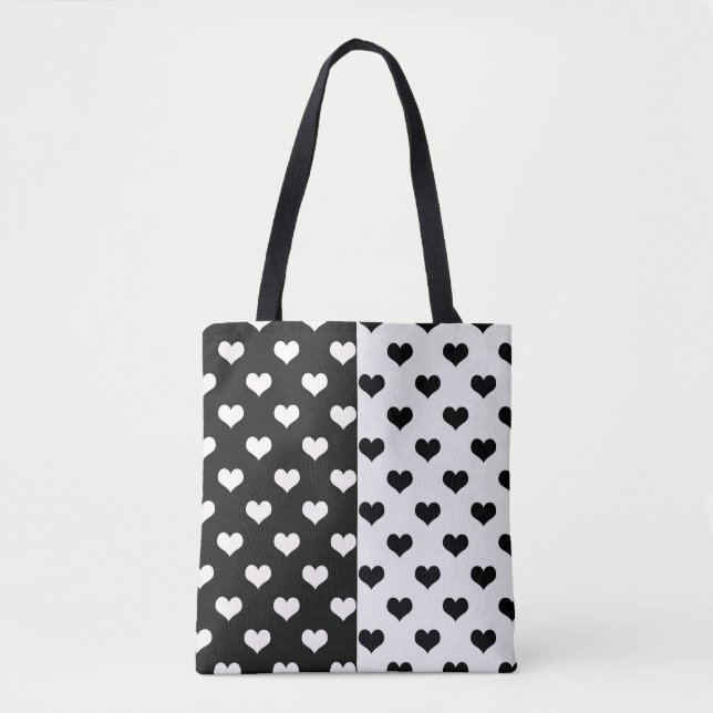 Bolsa Tote Padrão de Coração de Amor Branco Negro (Frente)