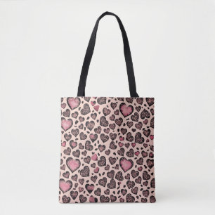 Bolsa Tote Padrão de Coração de Leopardo Rosa em Rubor