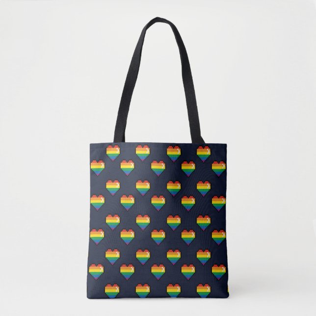 Bolsa Tote Padrão de Coração do Arco-Íris de 8 Bits (Frente)