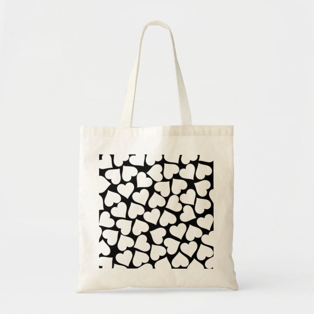 Bolsa Tote Padrão de Coração Simples, Branco e Preto (Frente)
