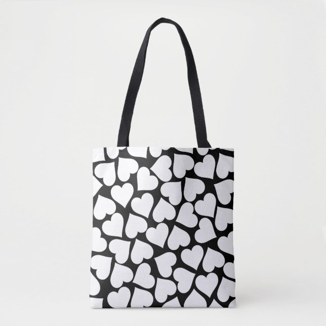 Bolsa Tote Padrão de Coração Simples, Branco e Preto (Frente)