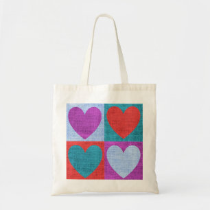 Bolsa Tote Padrão de Coração Xadrez Roxo Verde e Vermelho