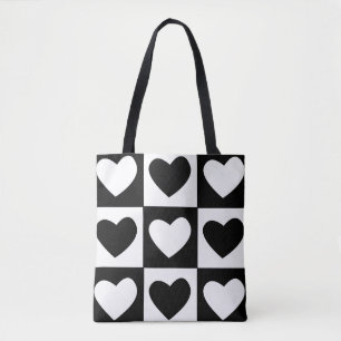 Bolsa Tote Padrão de Corações Preto e Branco para o Dia dos N