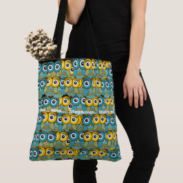 Bolsa Tote Padrão de Coruja Verde e Azul Amarelo