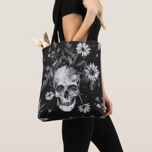 Bolsa Tote Padrão de crânios botânicos do Halloween