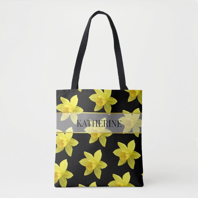 Bolsa Tote Padrão de Daffodil Amarelo e Preto Personalizado (Frente)