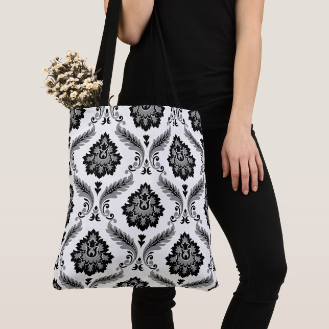 Bolsa Tote Padrão de Damasco Rococó Cinza Preto Branco (Close Up)