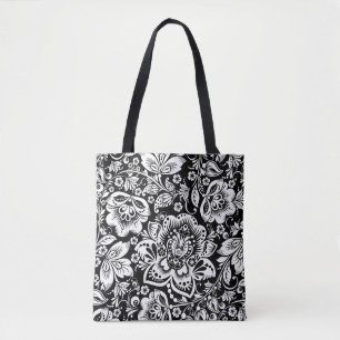 Bolsa Tote Padrão de Damascos Florais Barrocos Brancos Elegan