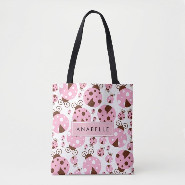 Bolsa Tote Padrão De Damybugs, Damybugs Rosa, Seu Nome (Frente)