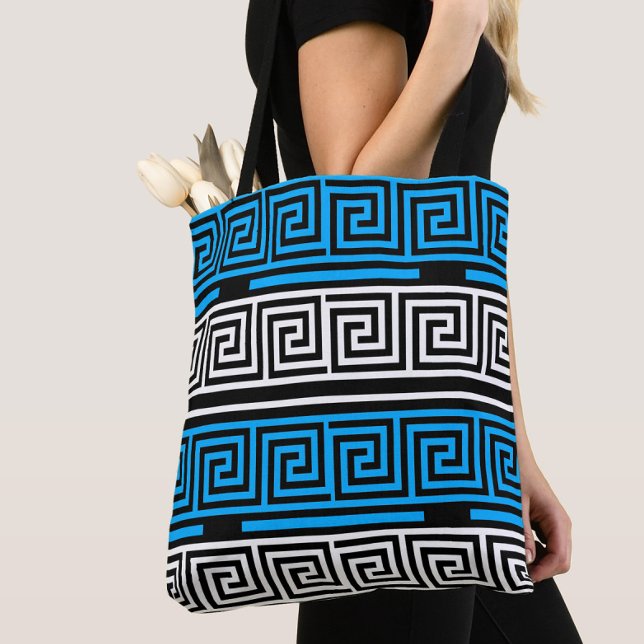 Bolsa Tote Padrão de Design de Fret Key Grego Branco Azul Pre (Criador carregado)
