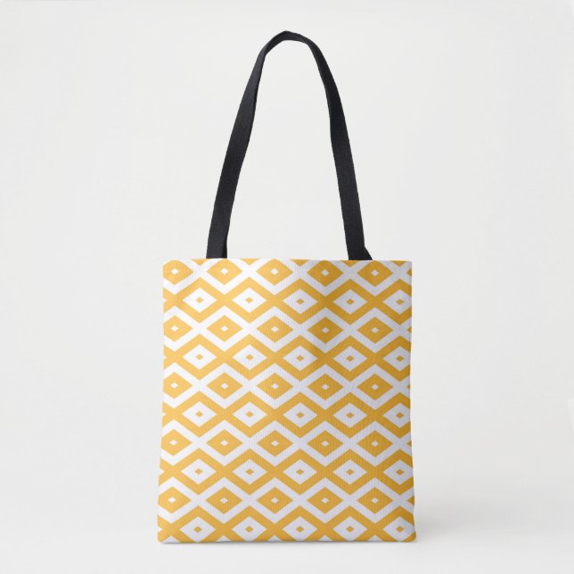 Bolsa Tote Padrão de diamante amarelo sunny e branco (Frente)
