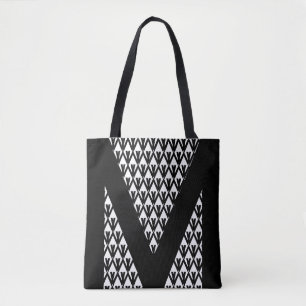 Bolsa Tote Padrão de Diamante Branco Preto Elegante