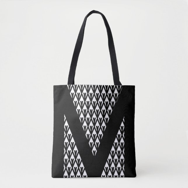 Bolsa Tote Padrão de Diamante Branco Preto Elegante (Frente)