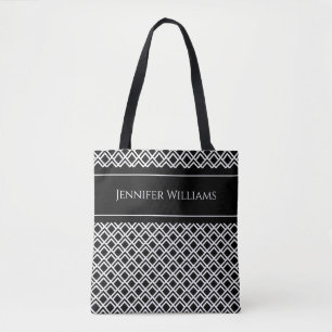 Bolsa Tote Padrão de Diamante Geométrico Moderno Preto e Bran