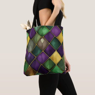 BOLSA TOTE PADRÃO DE DIAMANTES MARDI GRAS VERDE E PURPLE