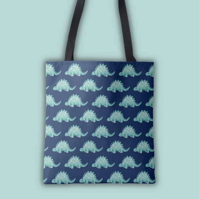Bolsa Tote Padrão de Dinossauro Estegossauro (Stegosaurus dinosaur tote bag in blue and green.)