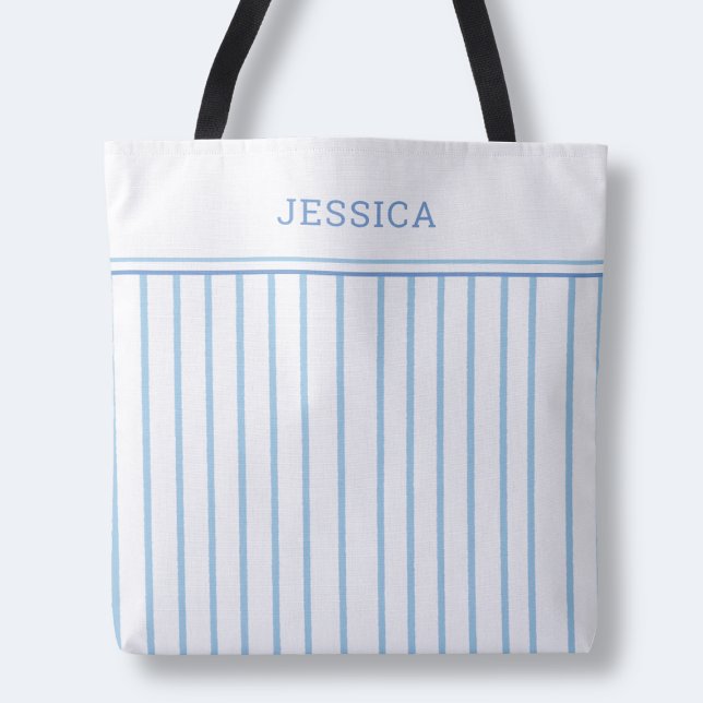 Bolsa Tote Padrão de distribuição simples, azul-chic e branco (Elegant Chic Blue and White Simple Striped Pattern Tote Bag)