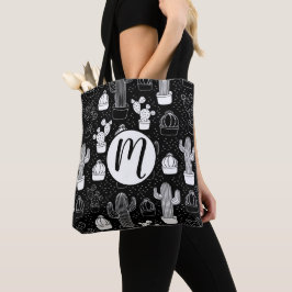 Bolsa Tote Padrão de Doodle do Cactus Preto e Branco