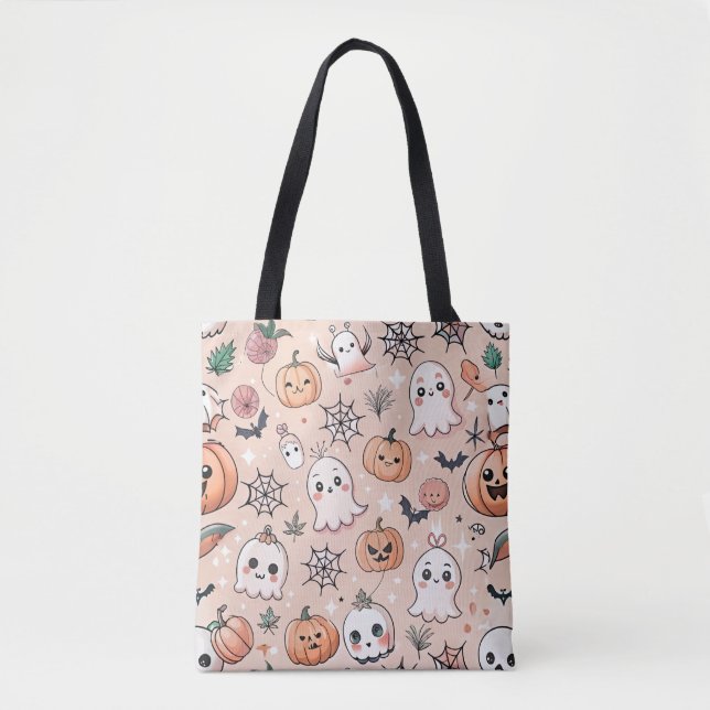 Bolsa Tote Padrão de Doodle do Halloween com Fantasmas e Pump (Frente)