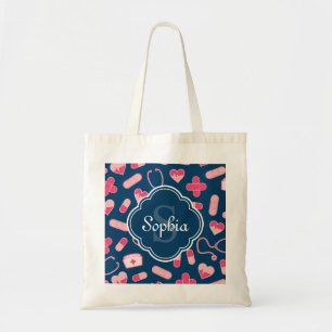 Bolsa Tote Padrão de Enfermeira Rosa e Azul com Monograma