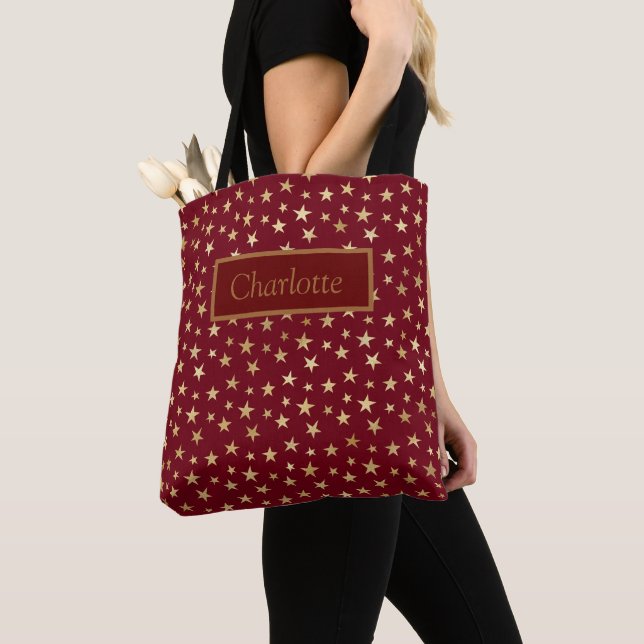 Bolsa Tote Padrão de Estrelas Douradas Vermelhas (Close Up)