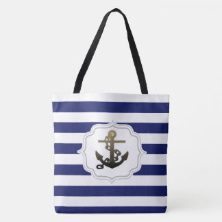 Bolsa Tote Padrão de Faixa Azul de Âncora de Tema Náutico